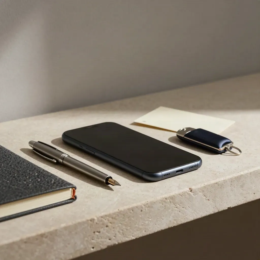 Face-down phone, closed contact book, fountain pen and key fob on a stone shelf.