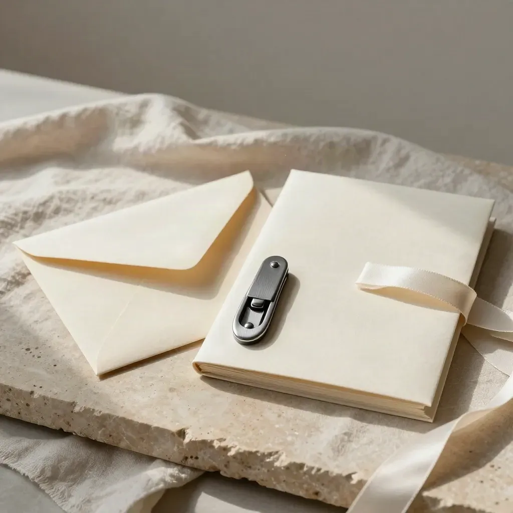 Cream envelope, ribbon-tied folio and letter opener on pale linen in soft daylight.