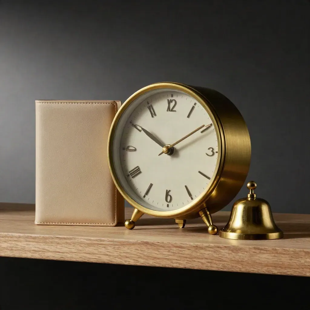 Brass clock, closed folder and service bell on an oak shelf in soft light.