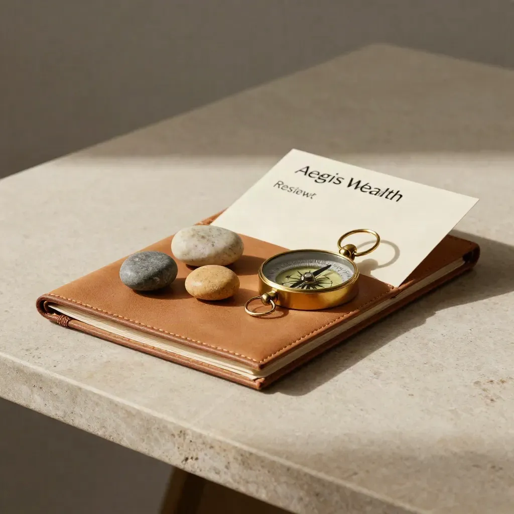 Leather portfolio, brass compass, and asset stones on a pale stone desk with soft side light.
