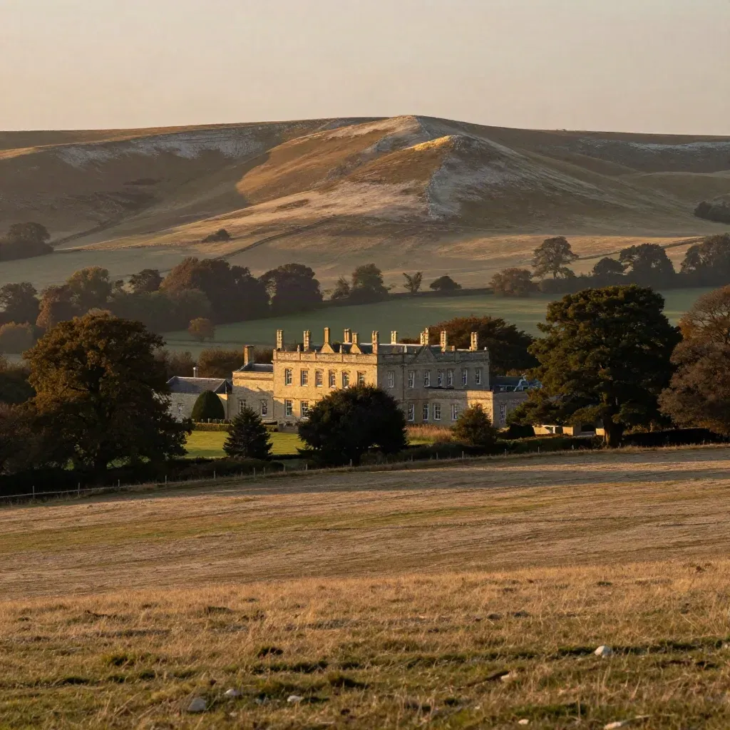 Golden Surrey hills above a manor roofline with beech trees in soft haze