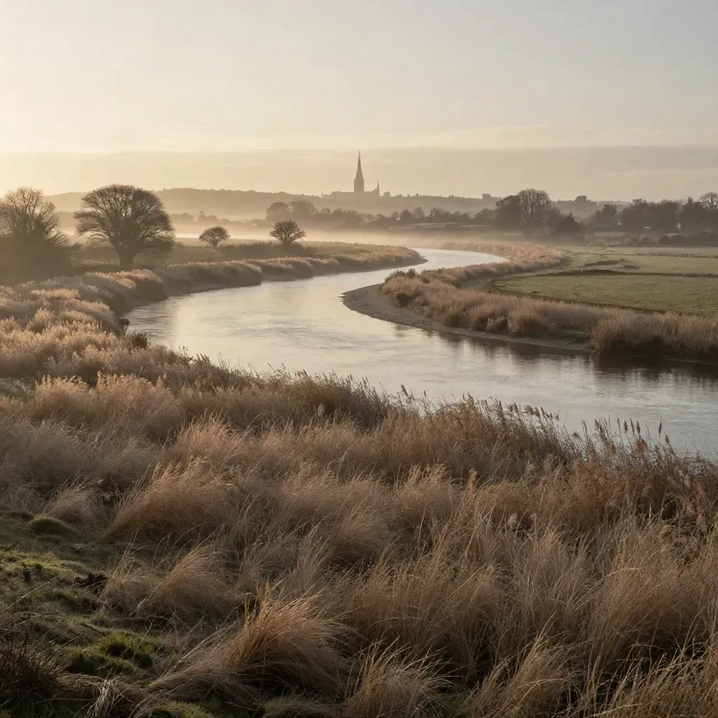 Thames Valley river bend with misty meadows and distant spires at sunset
