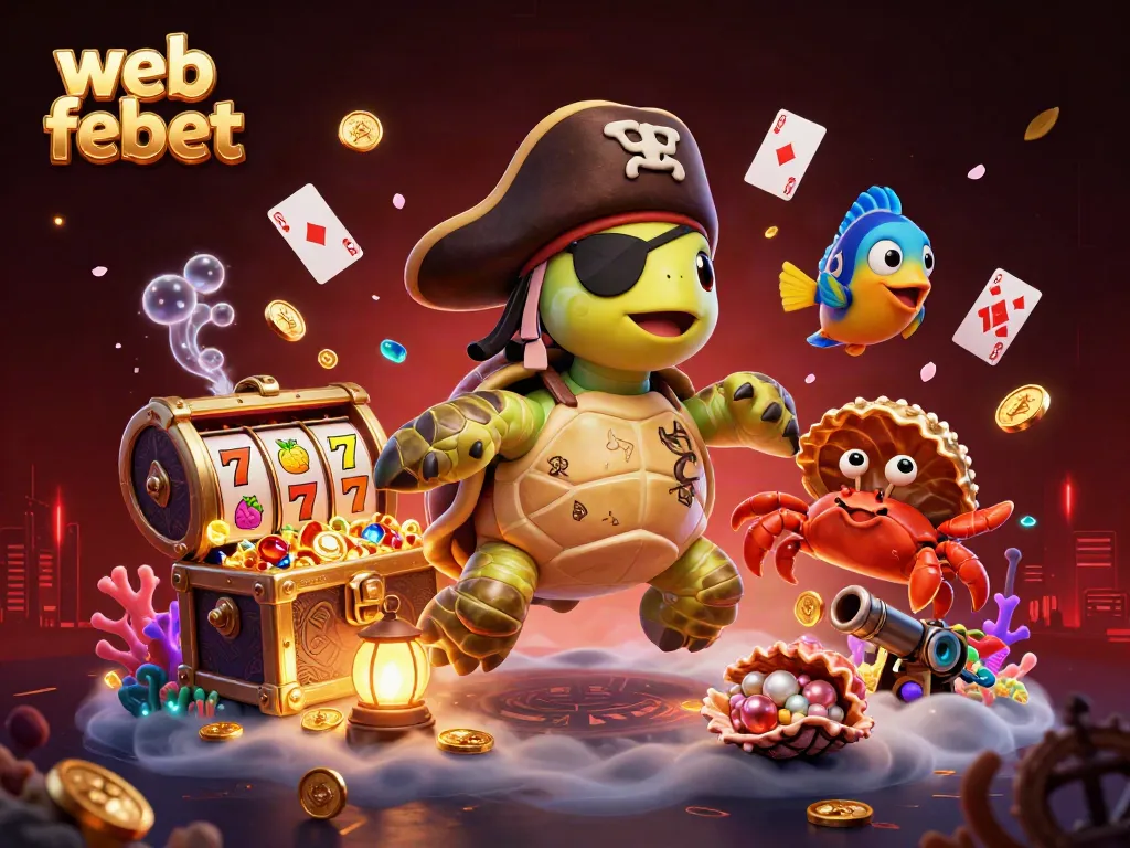 Engage in thrilling slots at web febet with a lively 3D underwater scene featuring a pirate turtle and treasures.