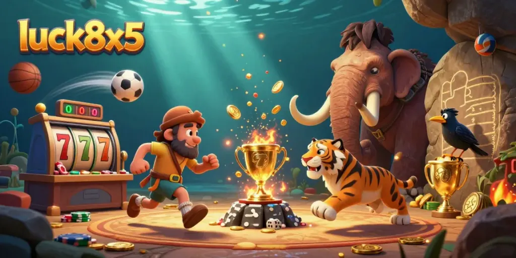 Engage with the lively casino atmosphere of luck8x5 featuring colorful characters and dynamic elements in a vibrant scene.