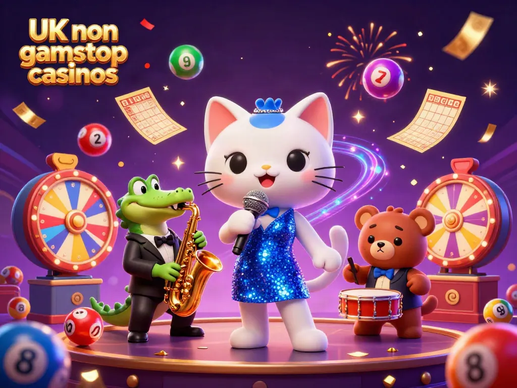 Engage with the vibrant scene of UK non gamstop casinos featuring cartoon characters, dynamic lottery elements, and celebratory atmosphere.