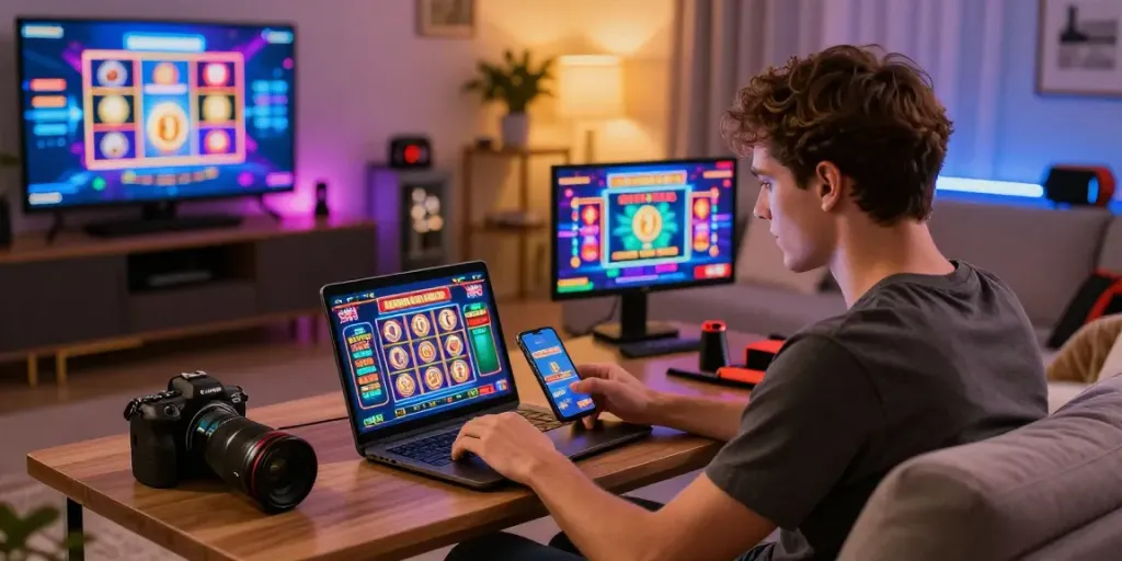 Engaged player enjoying usa casino sites for uk players on multiple devices in a cozy environment.