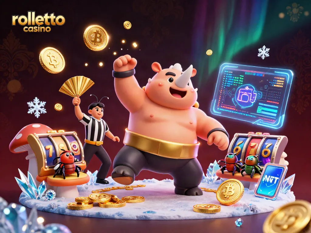 rolletto casino illustration with a sumo beetle champion, Bitcoin coins, and vibrant casino elements