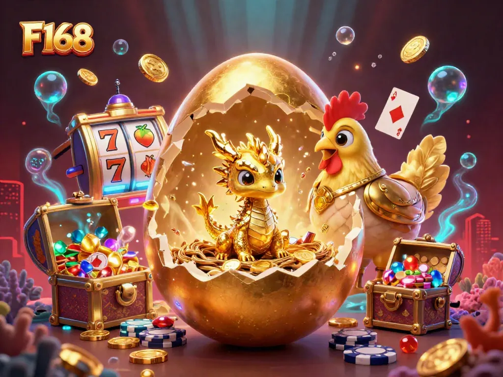 Engage with F168's casino magic as a golden baby dragon nestles in poker chips, amid vibrant slot symbols and treasures.