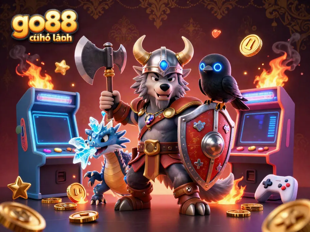 Experience excitement with go88 chính hãng through vibrant gaming elements and a Viking character in action.