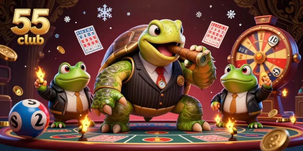 Experience thrilling gaming at 55 club with a vibrant lottery and betting illustration.