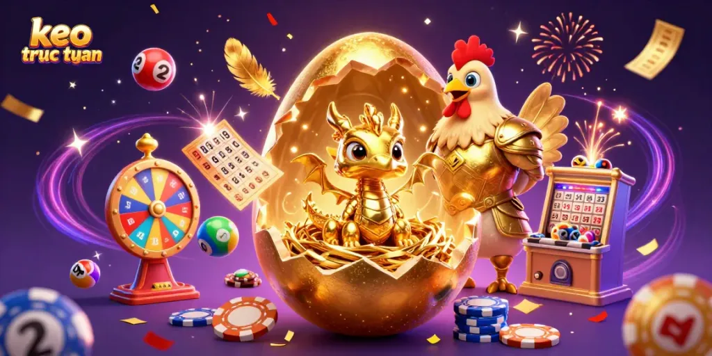 Engage with keo truc tuyen as a golden dragon emerges from a golden egg amidst colorful betting elements.