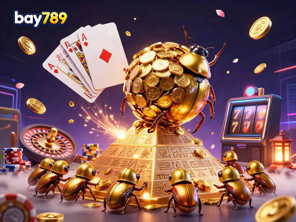 Engage with bay789's immersive gaming experience, illustrated with a golden beetle rolling coin balls amid casino symbols and dynamic game elements.