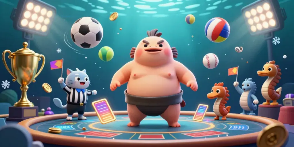 Fugu immersed in underwater casino action, showcasing sports betting with vibrant elements and dynamic characters.