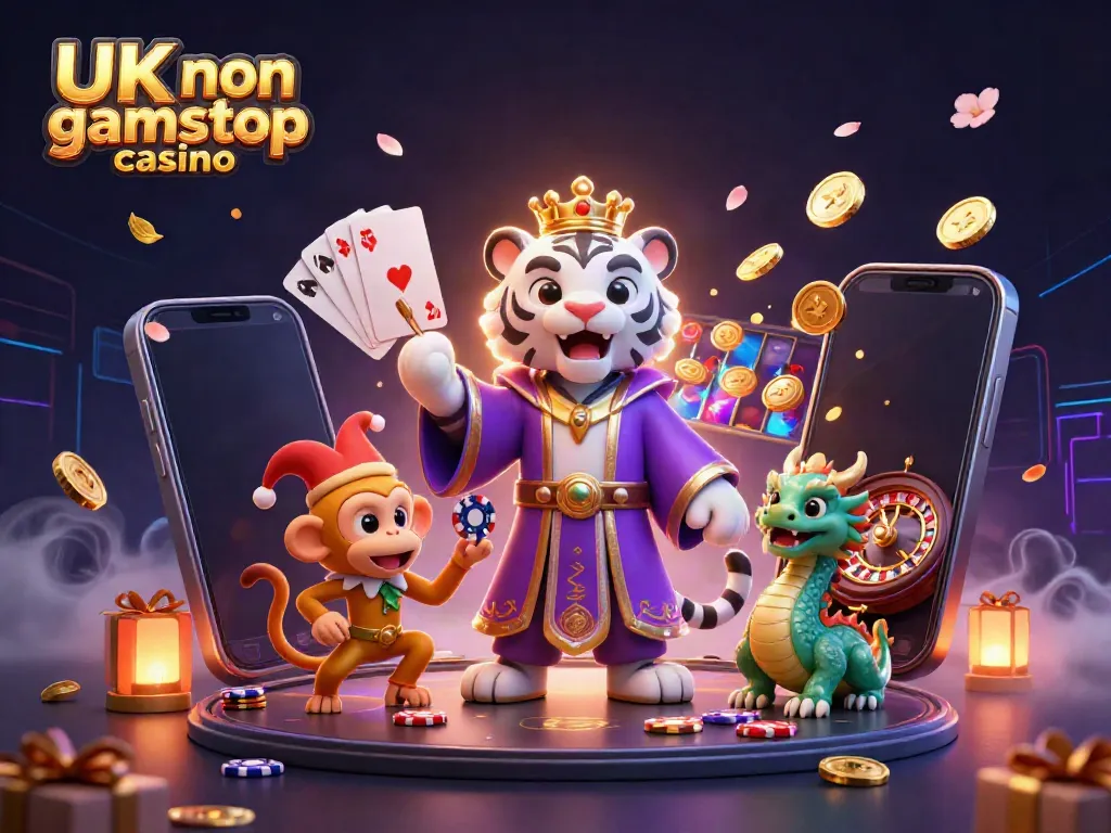Engaging scene of UK non gamstop casino with a cartoon tiger, monkey, and dragon amidst vivid casino elements.