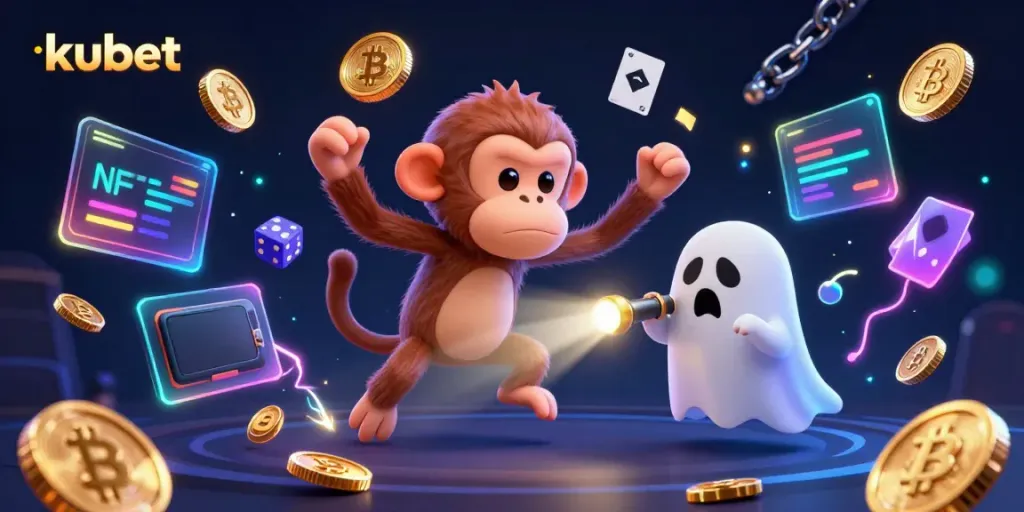 Kubet showcases an immersive casino scene with a mischievous monkey and a curious puppy tracking golden treasures.