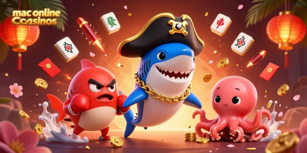 Engage in mac online casinos with a dynamic scene featuring cartoon characters amid festive casino elements.