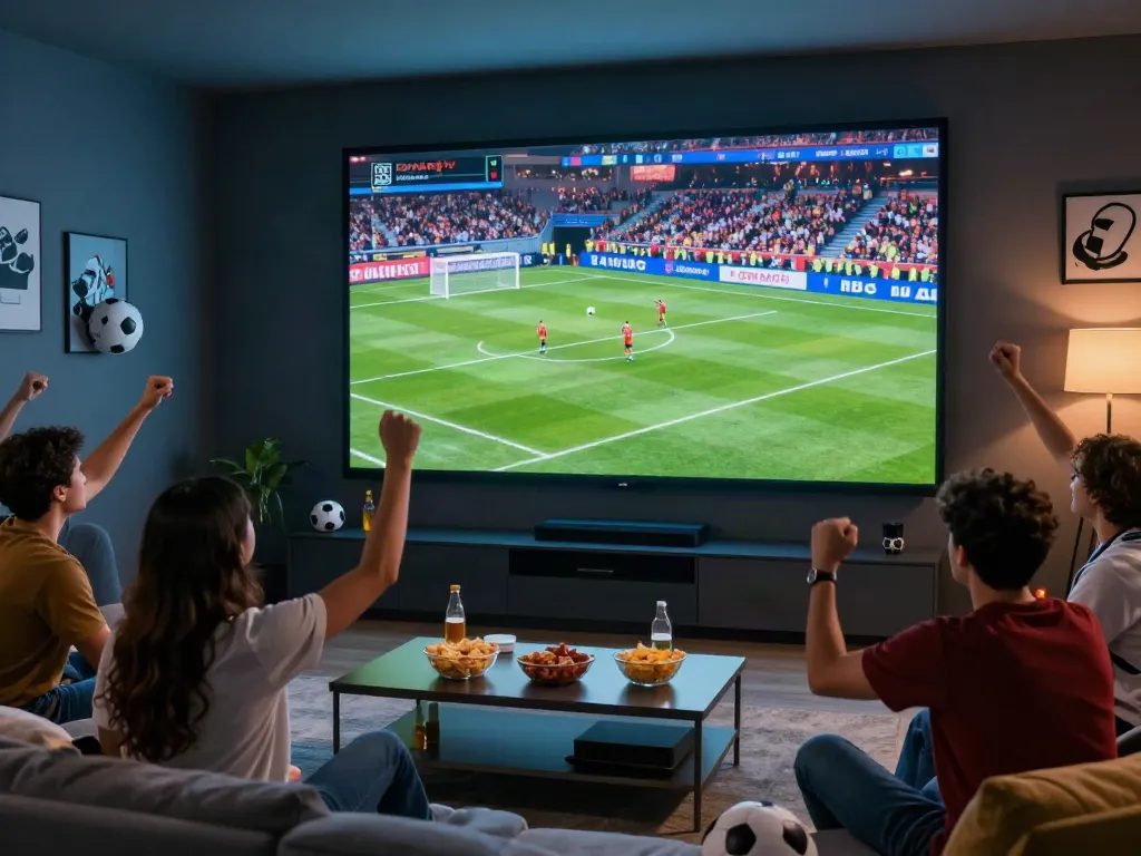 Friends enjoying a football match on Gavangtv in a vibrant home theater.