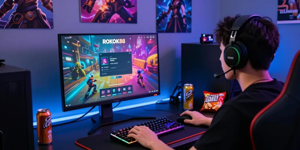Engaging scene of a user focused on rokok88 login while gaming, with colorful graphics and gaming gear
