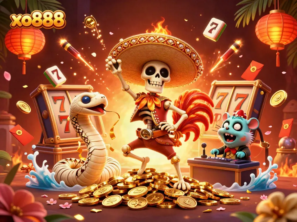 Celebrate wins with xo888: a lively 3D casino scene featuring vibrant characters and gaming elements.