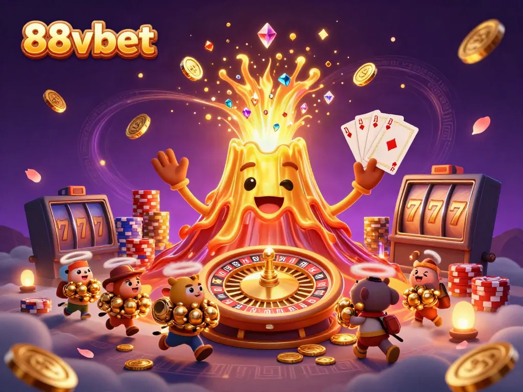 88vbet volcano erupts with treasure while explorer animals celebrate, showcasing casino fun.