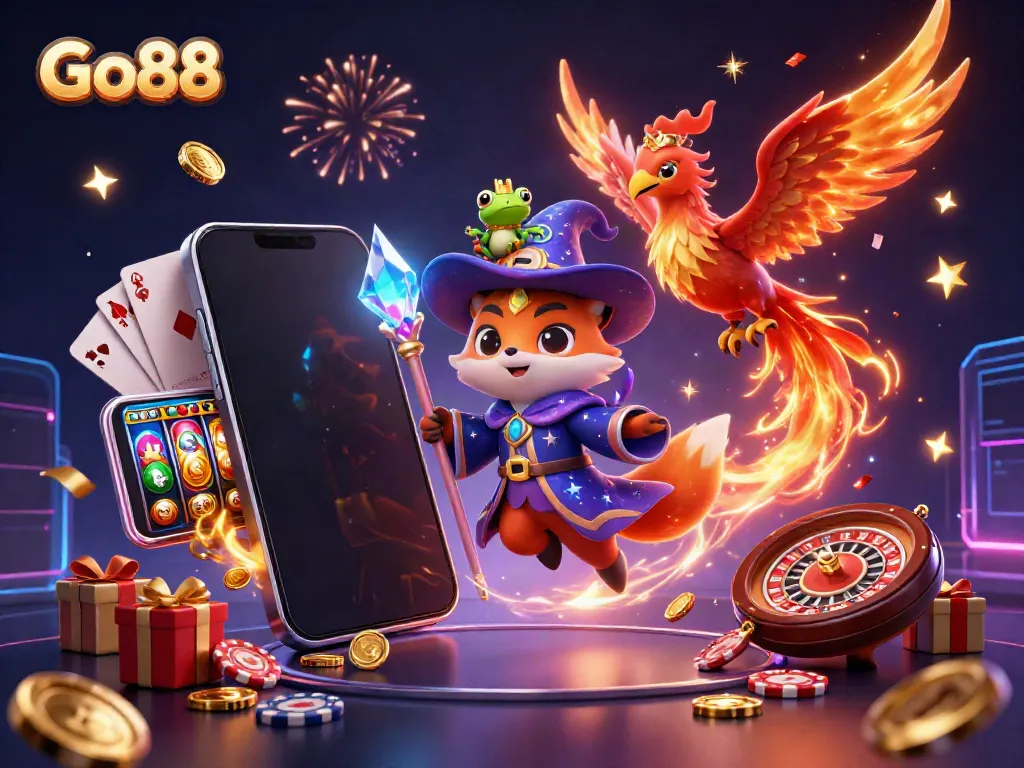 Experience gaming excitement with Go88's vibrant 3D wizard fox and phoenix amidst slot games and bonuses.