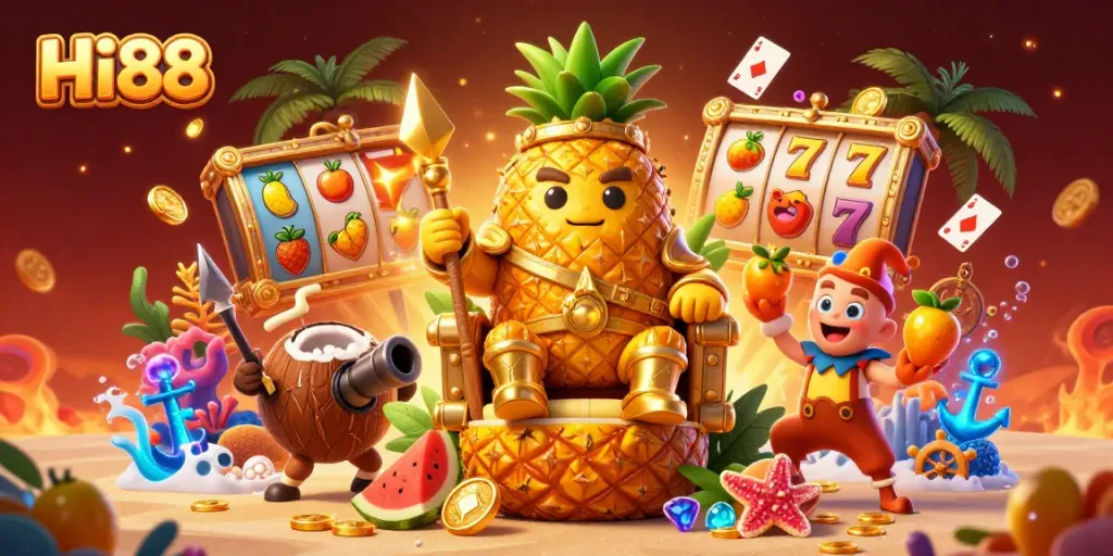 Spin the reels with Hi88's vibrant casino scene featuring golden pineapple king and dynamic treasures.