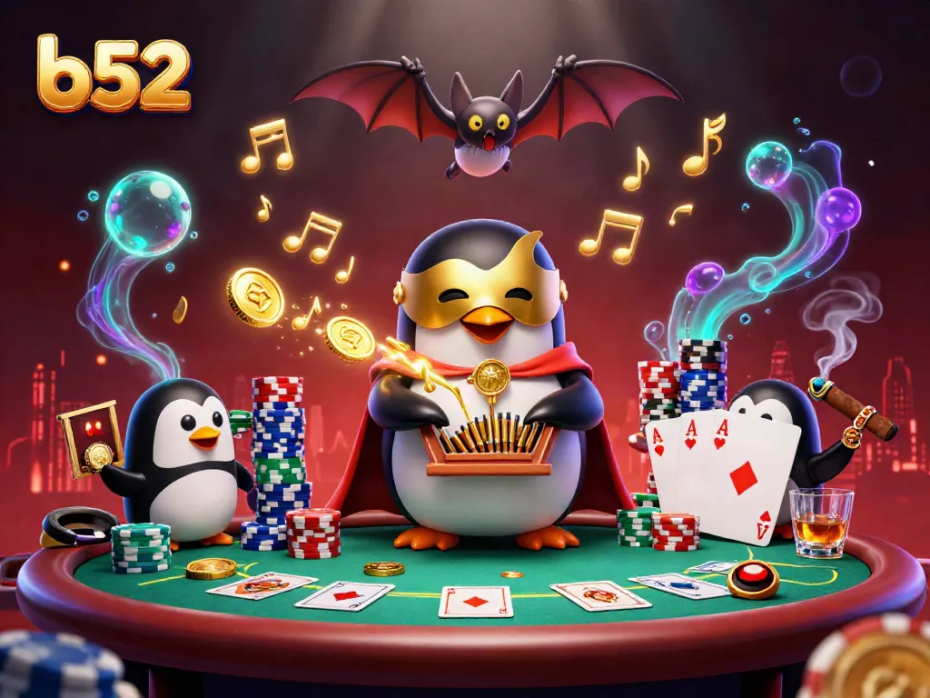 Engage with the magical b52 penguin in a vibrant casino scene bursting with winnings and excitement.