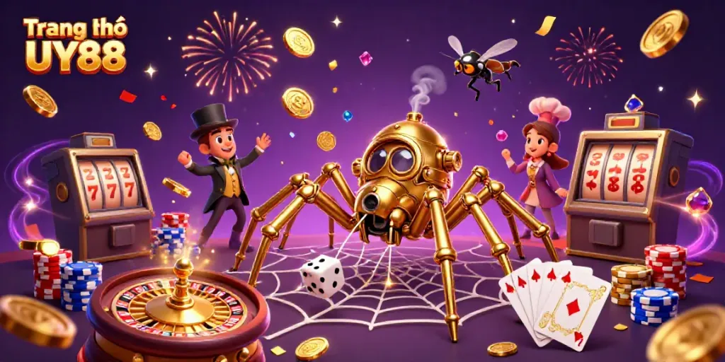 Experience the thrill at Trang Chủ UY88 with vibrant casino elements in a dynamic 3D scene.