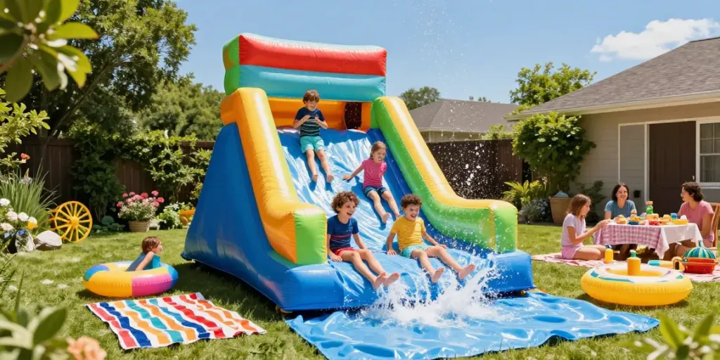 Family enjoying a water slide with laughter and splashes in a vibrant backyard setting.