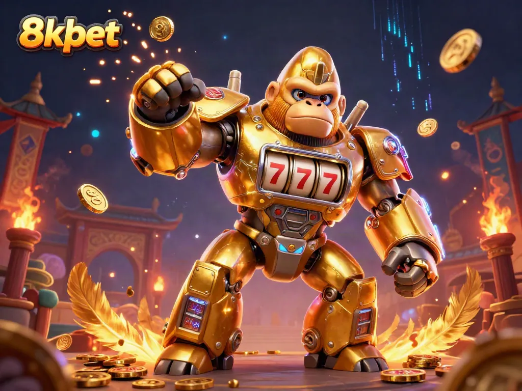 Play thrilling casino games with 8xbet's vibrant golden gorilla mech symbolizing excitement and fun.