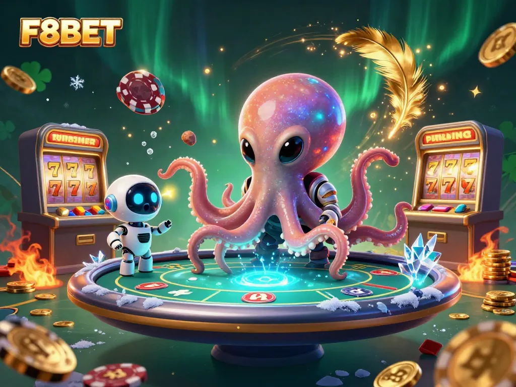 Play poker with F8BET's alien octopus character, surrounded by vibrant casino elements.