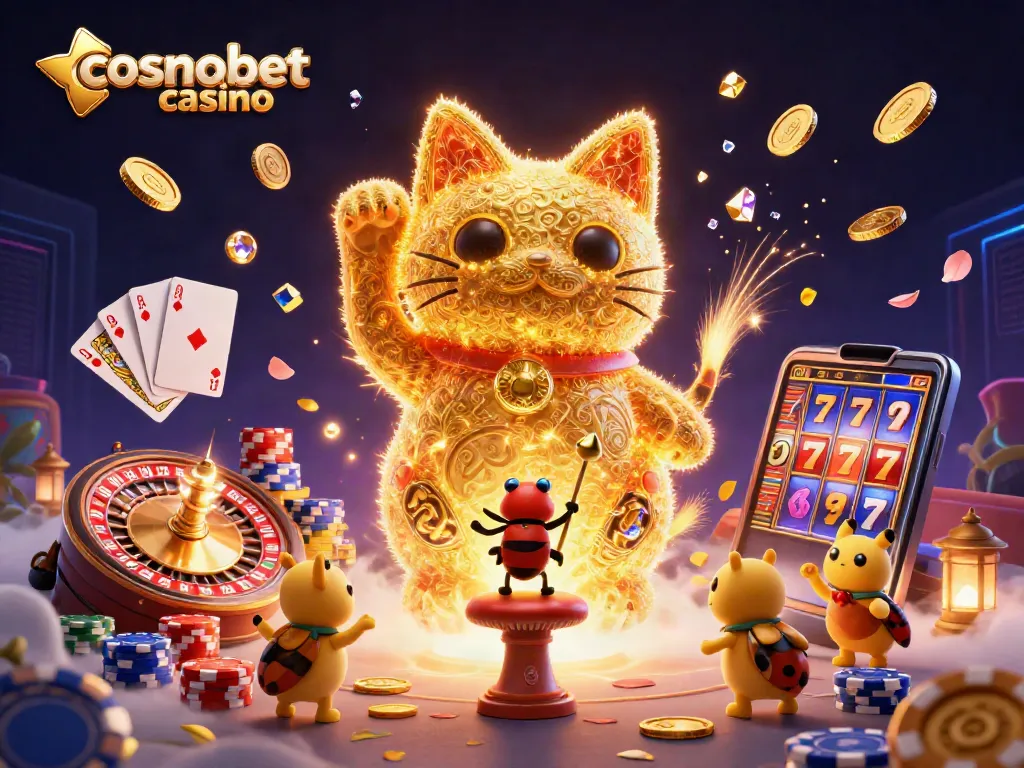 Experience the excitement at cosmobet casino with a vibrant 3D illustration featuring casino symbols and animated characters.