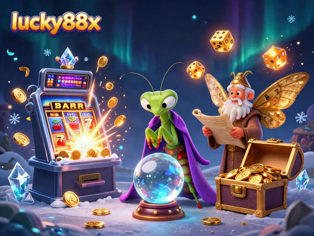 Spin and win with lucky88x at a vibrant online casino, featuring dynamic slot machines and magical elements.
