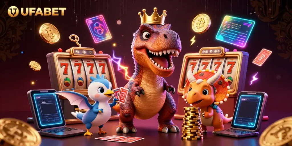 Engage in thrilling UFABET action with a playful T-Rex, pterodactyl, and triceratops gambling at the slots.
