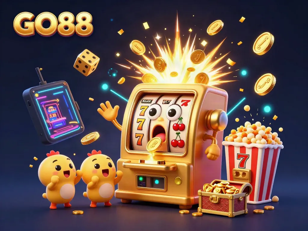 Experience the excitement of GO88 with a golden jackpot slot machine and cheering characters amidst a dynamic casino scene.