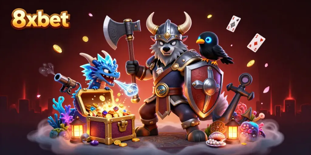 Engage with 8xbet's thrilling online gaming adventure featuring vibrant casino elements and fierce fantasy characters.