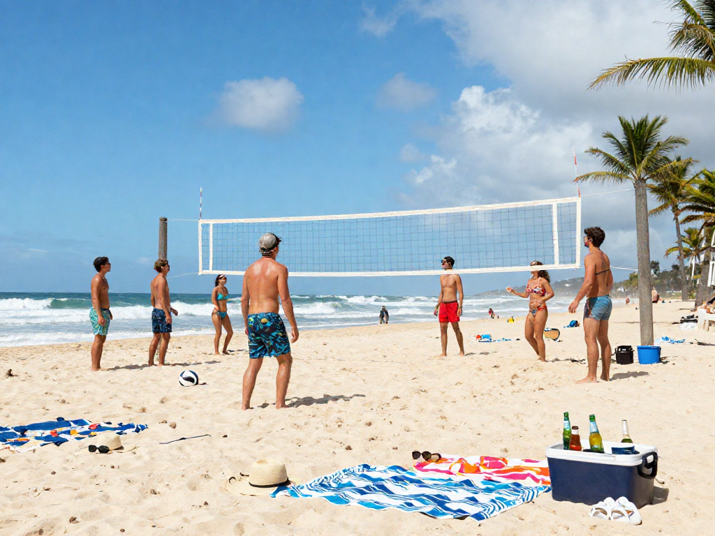 Friends in colorful bikinis enjoying beach volleyball at BIKINISLOT.