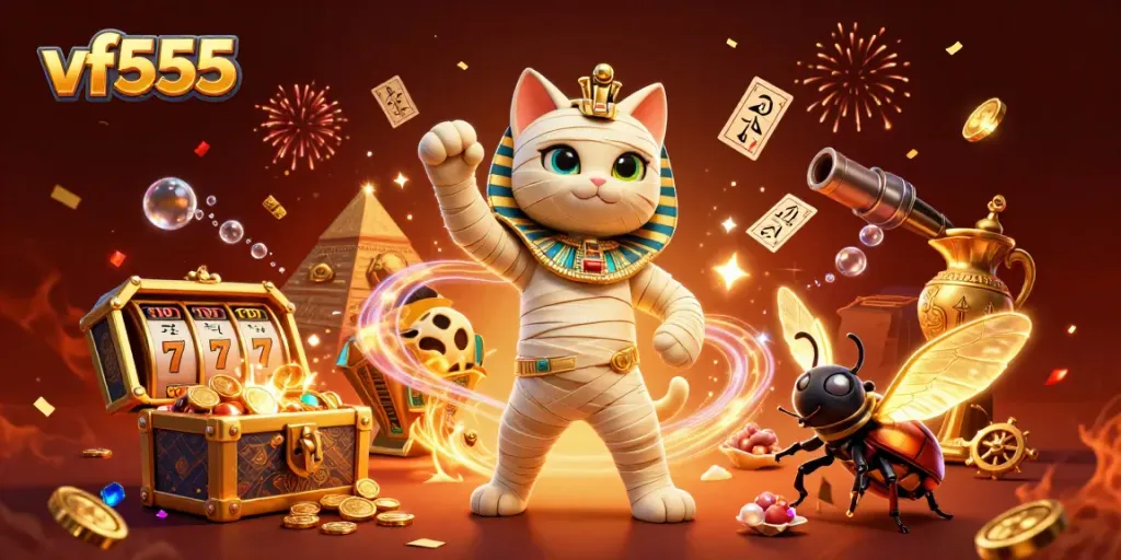 Spin the jackpot reels at vf555 with an Egyptian mummy cat and treasures in a lively casino