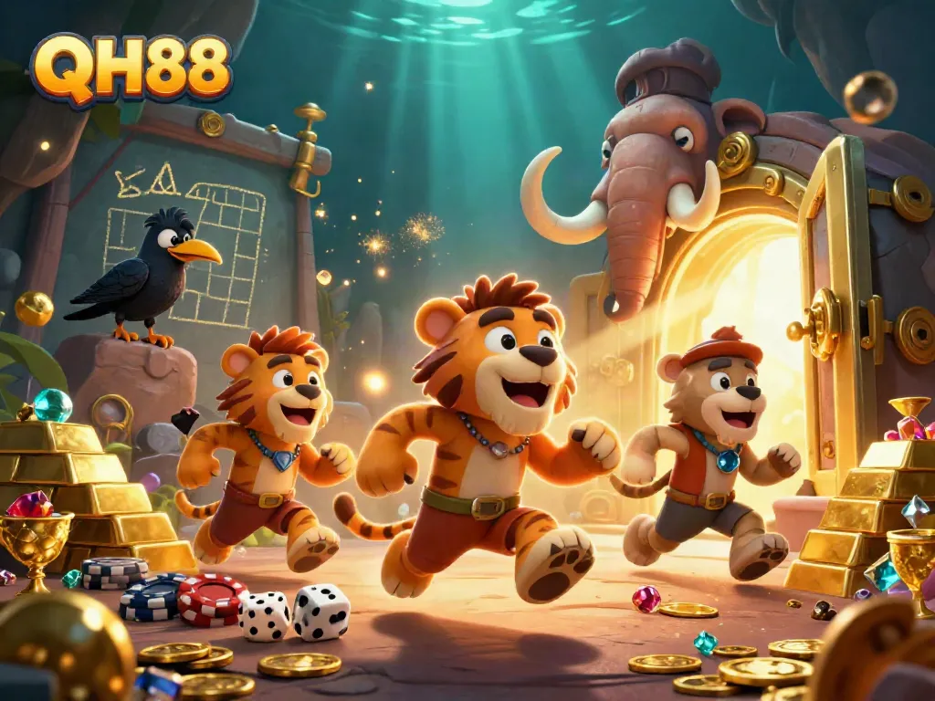 Experience the excitement of QH88's prehistoric casino with vivid gems and treasures.