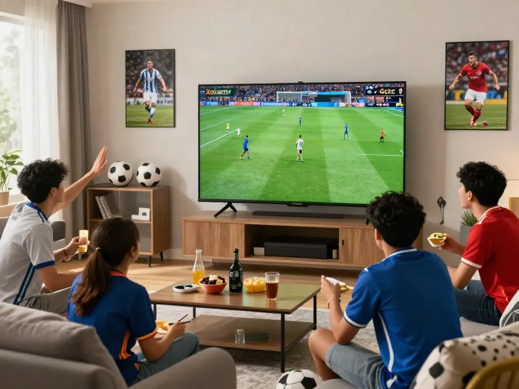 Xoilactv football-viewing party in a lively living room, friends enjoying a match.