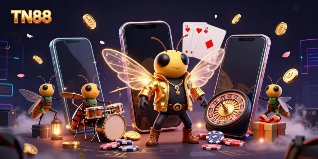 Experience thrilling gameplay with TN88 in this vibrant casino scene featuring a rock star cicada.