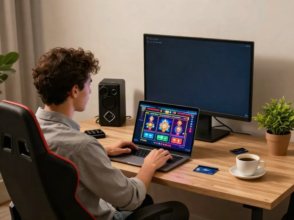 Individual enjoying online credit card casinos at a stylish workspace with vibrant casino games displayed.