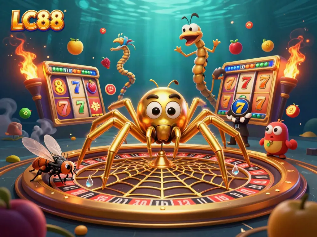 Engage in the thrilling world of LC88 with a vibrant slot and roulette scene illustrated.
