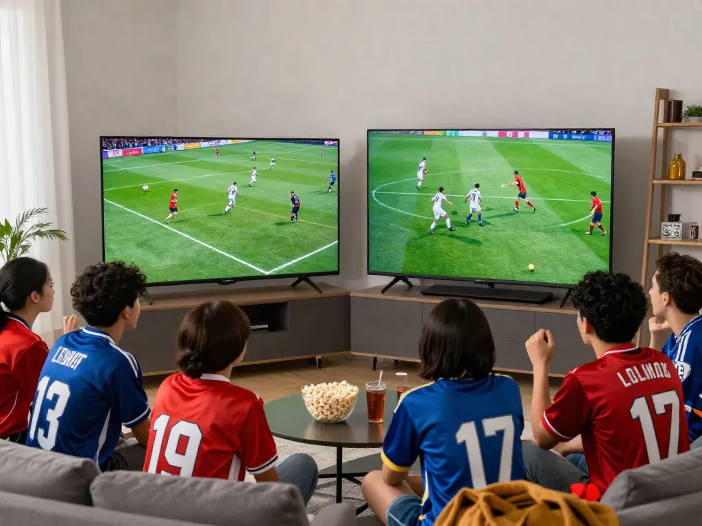 Socolive fans enjoying a thrilling football match live streaming experience in a vibrant living room.