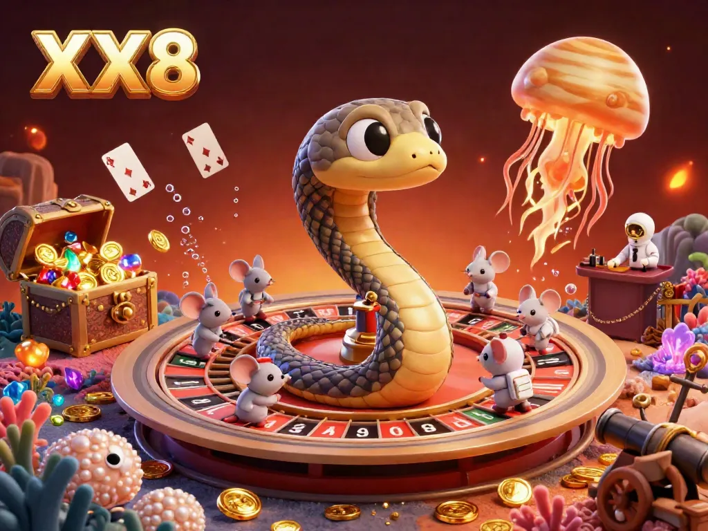 Engaging XX8 scene featuring a Saturn ring snake and astronaut mice betting on a roulette-inspired galaxy.