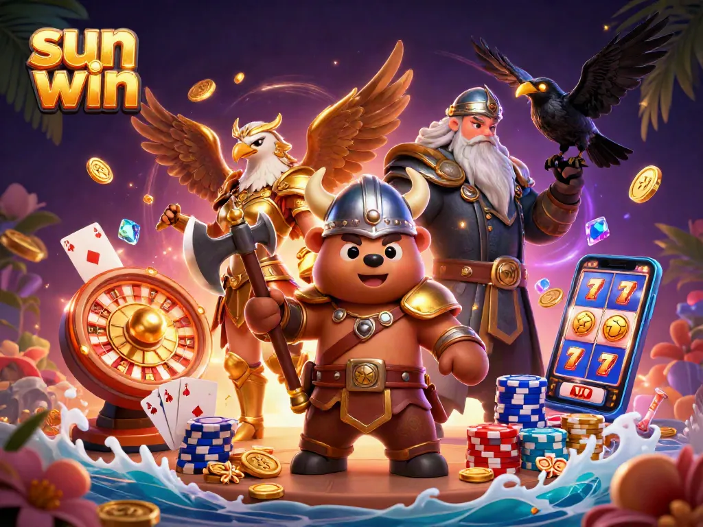 Engage with the sun win experience featuring a dynamic 3D Viking bear and Valkyrie surrounded by casino elements.