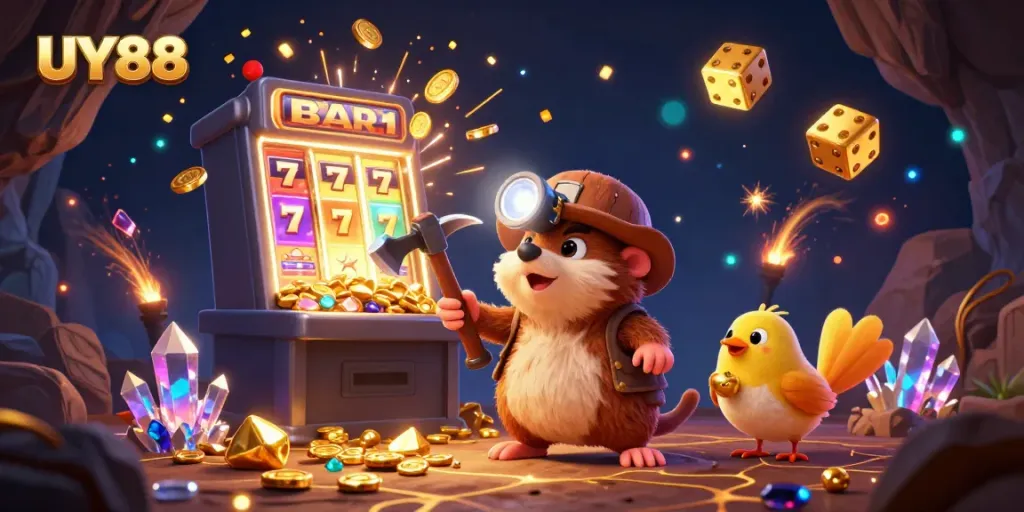 Experience UY88 casino thrills with a treasure-hunting mole in a vibrant, dynamic 3D illustration.