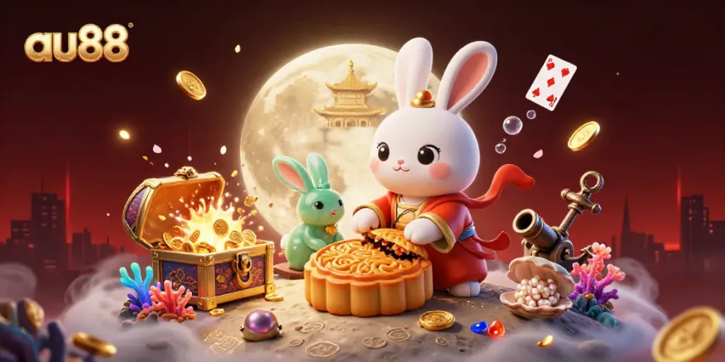 Engage in thrilling gameplay with au88 as a moon rabbit pounds mooncakes revealing poker chips amidst a vibrant casino scene.