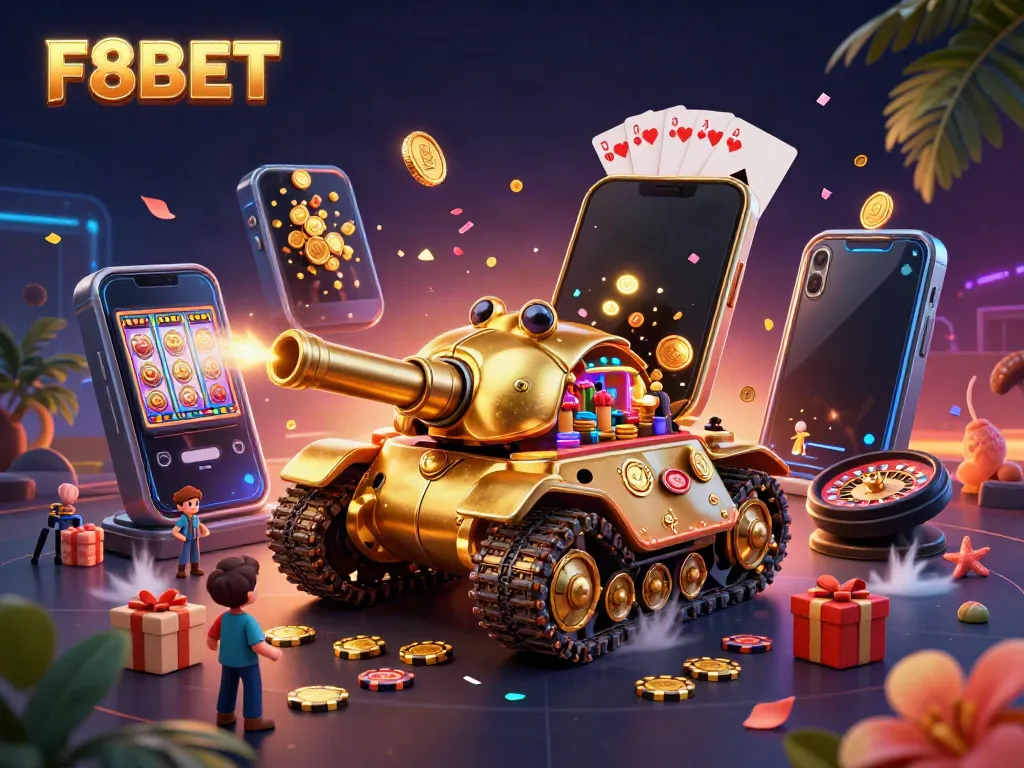 Experience vibrant casino action with F8BET's golden beetle tank featuring a miniature casino inside.