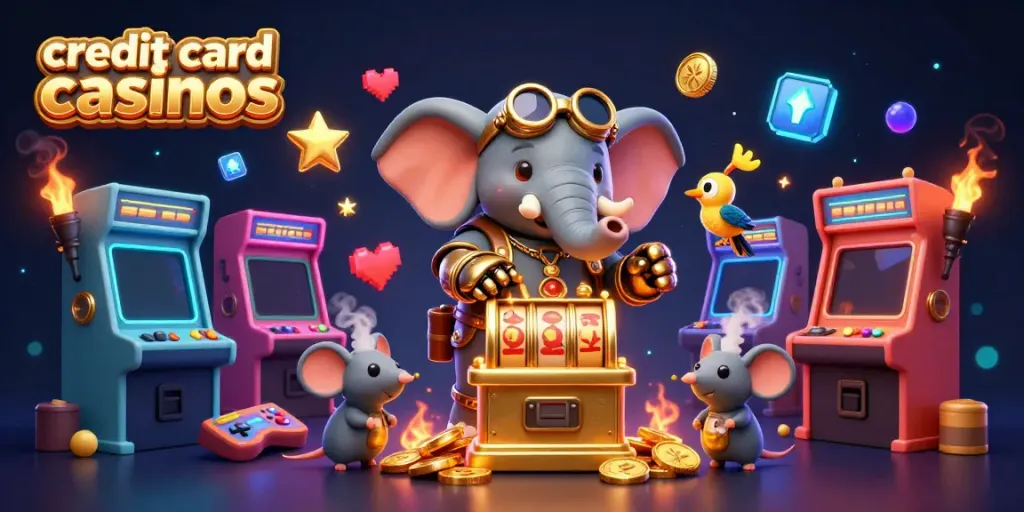 Engaging scene of credit card casinos with steampunk elephant and game elements, vivid colors.